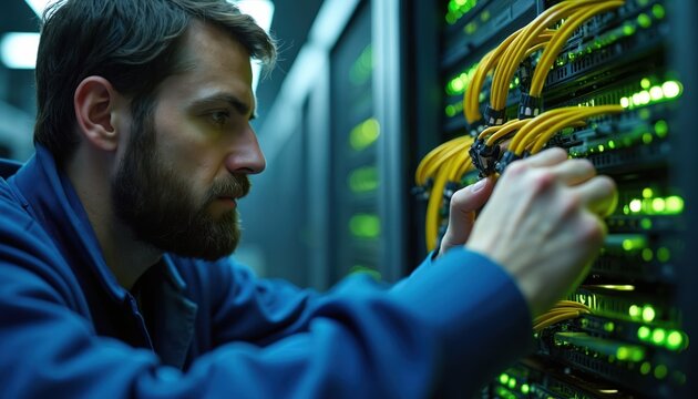 Male technician works with yellow cables in server rack with green blinking lights. Professional connects wires in modern datacenter. IT guy manages network hardware.