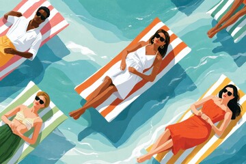 Obraz premium Group of people sunbathing on inflatable floats in a pool enjoying summer relaxation