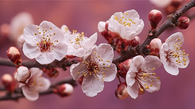 Spring apricot blossoms blooming on a branch against a soft purple background, nature awakening with seasonal floral beauty in close-up macro view