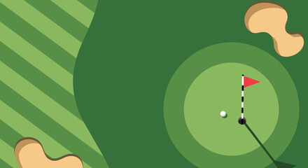 Naklejka premium Aerial view of a golf course with a putting green, hole, flag, and sand traps on a sunny day