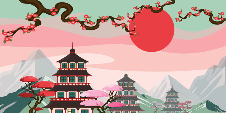 Vector illustration of an amazing Japanese landscape with pagodas. Cartoon scene multi-tiered pagoda towers of different sizes, mountains, flowering sakura branches, trees, big red sun in the sky.