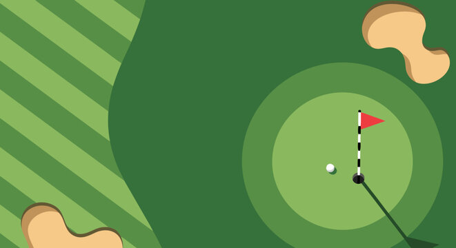 Aerial view of a golf course with a putting green, hole, flag, and sand traps on a sunny day