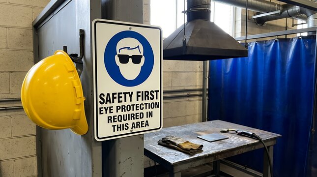 A yellow hard hat hangs next to a Safety First Eye Protection Required In This Area sign in a workshop with welding equipment visible industrial machinery hazard construction