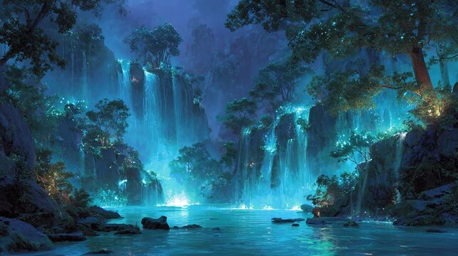 Mystical Glowing Waterfall Cascade in Dark Enchanted Forest Fantasy Digital Art Scenery Environment