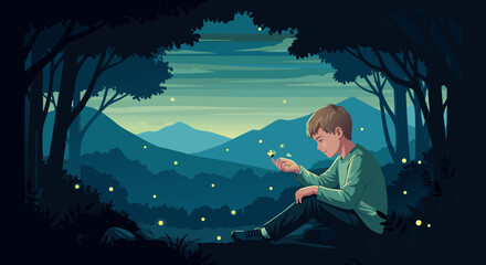A young boy surrounded by glowing fireflies in a serene forest at dusk, evoking a sense of wonder and magic © Beny Qurdy