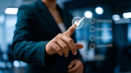 Obraz premium A businesswoman in a suit interacts with a digital interface, touching a checkmark icon with her finger in a modern office setting.