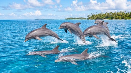 Naklejka premium Group of happy dolphins playing in the blue water in sunny weather