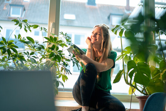Smiling mature businesswoman with tablet PC amidst plants on window sill at office