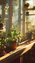 Obraz premium Sunlit greenhouse corner with a few potted plants on a wooden table, illuminated by warm natural side light. Clean airy composition soft shadows, shallow depth of field, copy space retirement leisure