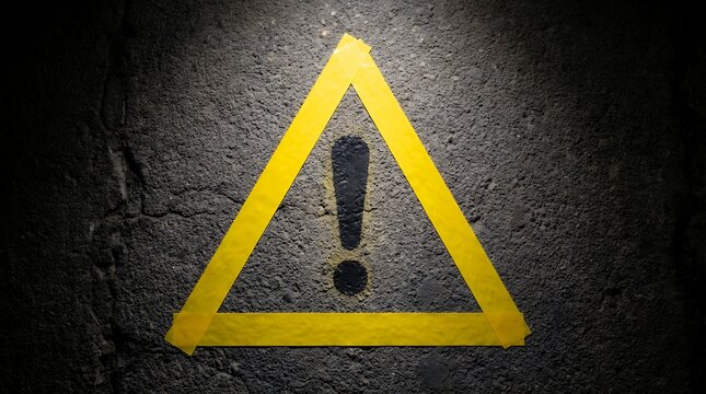 A bright yellow caution tape forms an equilateral triangle around a black exclamation mark symbol painted on a rough asphalt surface warning attention danger alert hazard