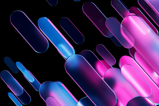 Abstract 3d glass shapes with glowing pink and blue neon reflection