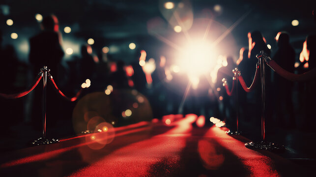 Red carpet event with guest silhouettes, velvet ropes, and bright spotlights illuminating a path to exclusivity and glamour