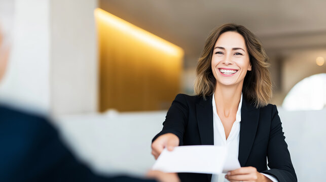 Smiling businesswoman handing documents to client in professional office, reflecting successful transaction and client service