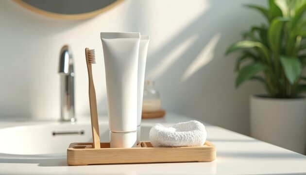 Minimalist bathroom counter with bamboo toothbrush and blank white toothpaste tubes. Includes small rolled towel. Set on wooden tray near sink and green plant.