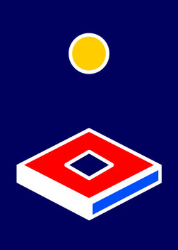 Abstract 3D isometric platform with a floating yellow sphere