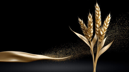 Fototapeta premium Golden wheat ear black background luxury elegant shiny agriculture grain harvest 3D render high fidelity digital art