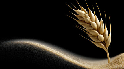 Fototapeta premium Golden wheat ear sand black background high detail single stalk agriculture nature harvest dry closeup minimal