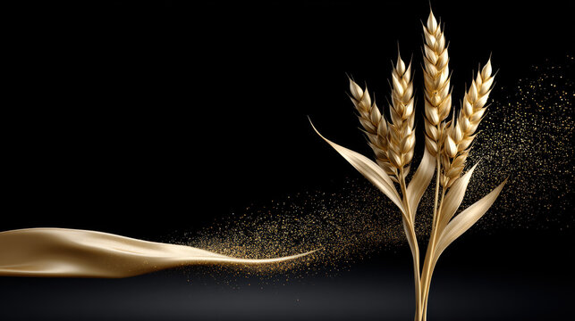 Golden wheat ear black background luxury elegant shiny agriculture grain harvest 3D render high fidelity digital art