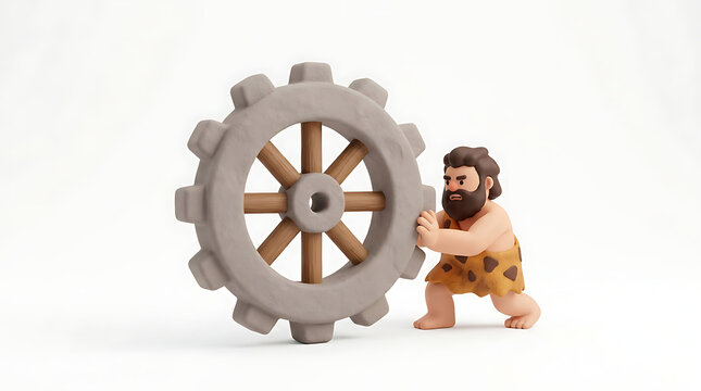 A caveman character pushes a large stone wheel, symbolizing the invention of the wheel.