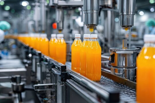 Industrial juice manufacturing workflow with filling, capping and packaging stations