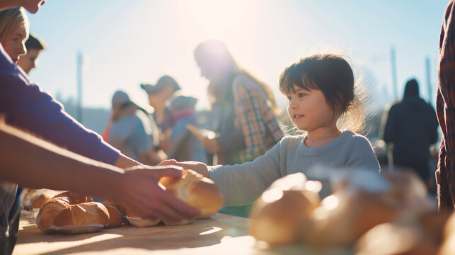 Young child receiving fresh bread from volunteer hands at outdoor charity event, food distribution for community support