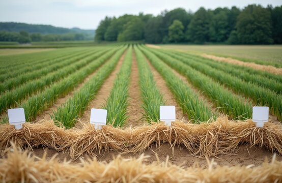 Rows of green plants grow in a large farm field. White signs mark plots in this agricultural research area. The fertile soil supports healthy crop growth under a cloudy sky.