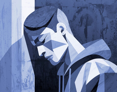 Thoughtful person in hoodie leaning against wall vector illustration