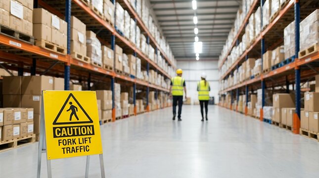 A yellow caution sign warning of forklift traffic stands in the foreground of a vast warehouse aisle filled with tall shelves stacked high with cardboard boxes storage logistics