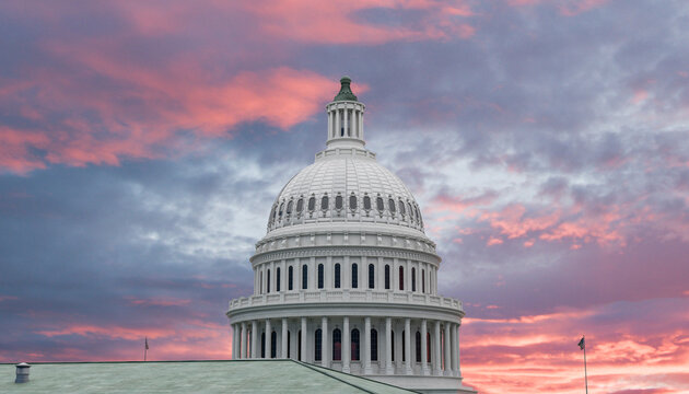 Render of US Capitol dome in Washington DC at sunset