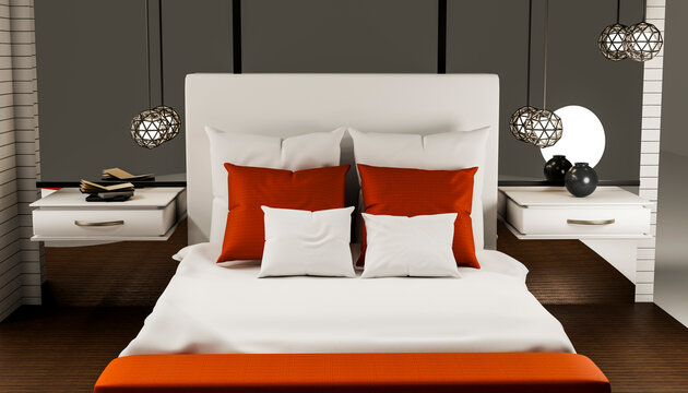 Modern minimalist 3D rendered bedroom interior with orange accents