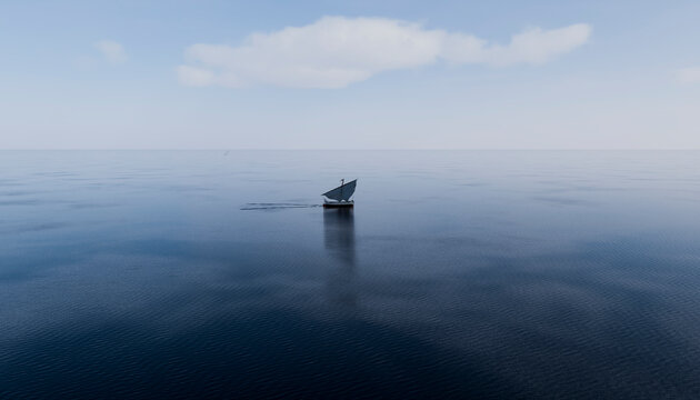 Minimalistic view of a small sailboat alone on calm ocean water