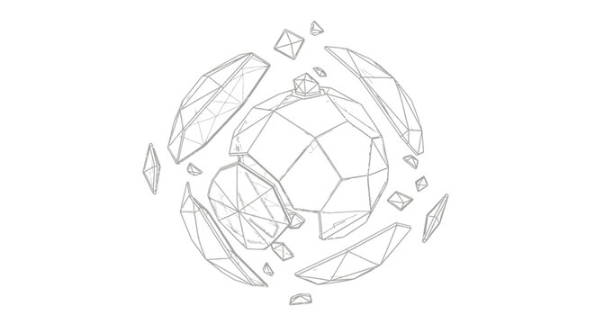 Shattered crystal ball illustration with broken glass shards flying apart in all directions on white background