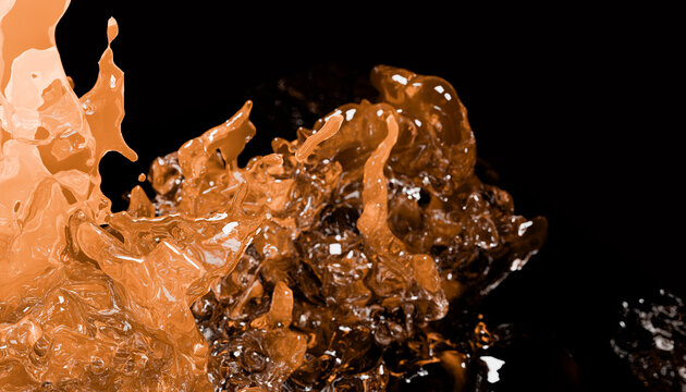 Dynamic coffee liquid splash on black background with copy space