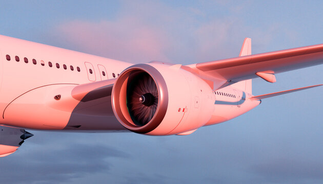 Close up of an airplane engine in flight at sunset