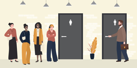 Queue of women waiting for public restroom while men's restroom stands empty. Queue to toilet. People waiting at WC door stand in line. Unhappy female characters. © Alina
