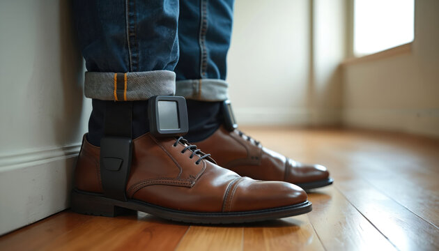 Person wears electronic ankle monitor for home detention. This monitoring device tracks location and movement. It is part of a legal sentence or bail condition.
