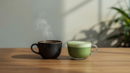 Fototapeta premium two cups on a wooden table in a minimalist aesthetic style