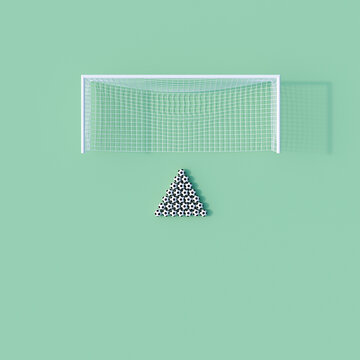 3D render of soccer balls arranged in a triangle near a goal