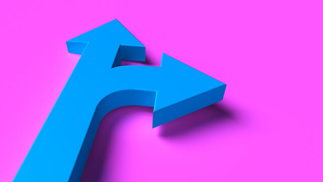 Blue 3D arrow splitting in two directions on pink background