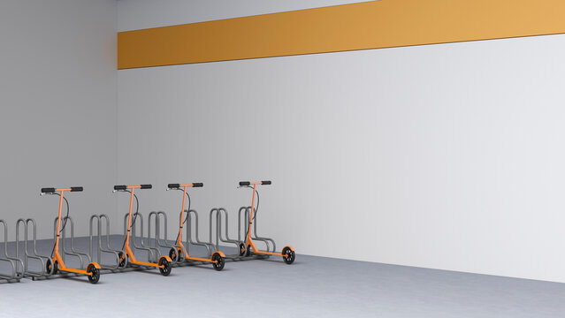 Orange scooters in an indoor garage rack with copy space