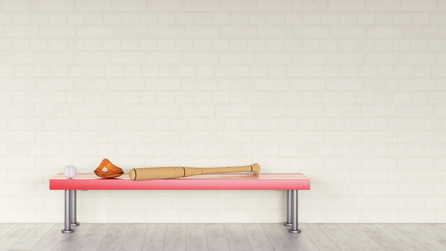 Baseball equipment on a red bench against a white brick wall