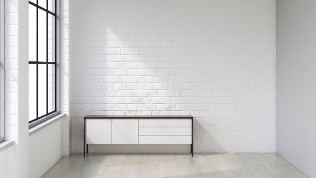 Modern empty white loft room with sideboard and sunlight
