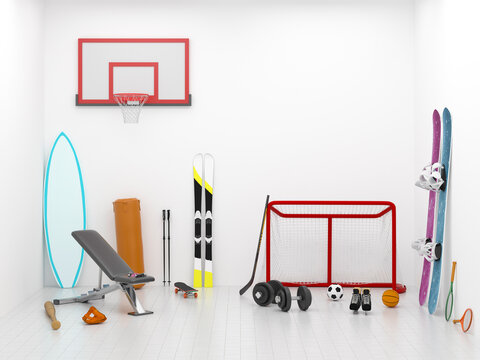 3D rendering of various sports equipment in a white room