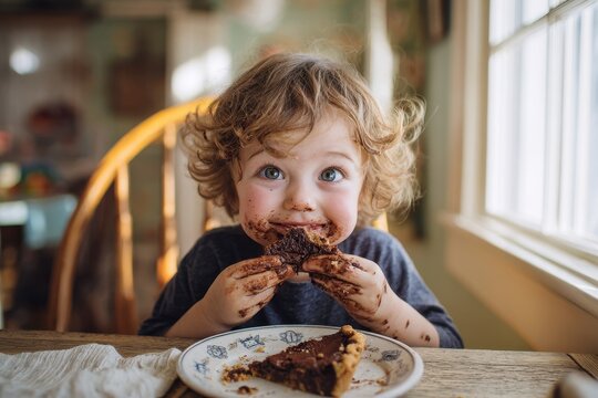 Joyful kid with chocolate smeared on face savoring chocolate pie in a warm home setting