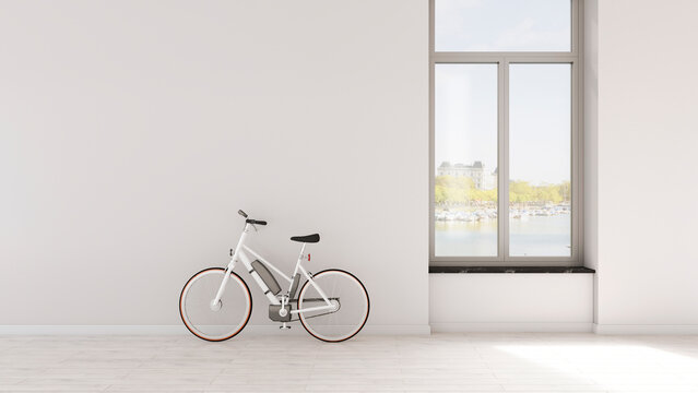 White electric bike in a modern empty living room with copy space