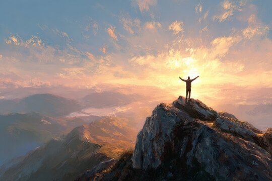 Joyful man on a mountain peak at sunrise, arms raised in praise to the divine, symbolizing faith, hope, and world wisdom