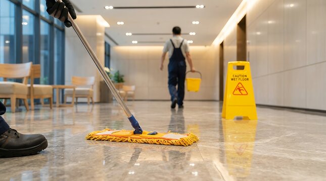 A janitor mops a marble floor in a well lit hallway while a wet floor caution sign is visible in the background cleaning maintenance hygiene sanitation service building interior