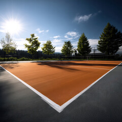 Obraz premium Sunlit tennis court with orange surface, white lines, green trees, blue sky, and long shadows, outdoor sports facility, peaceful morning
