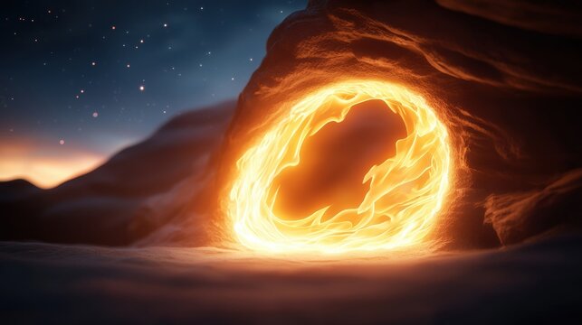 Aura of fire and light surrounding a mythical beast emerging from a cave.
