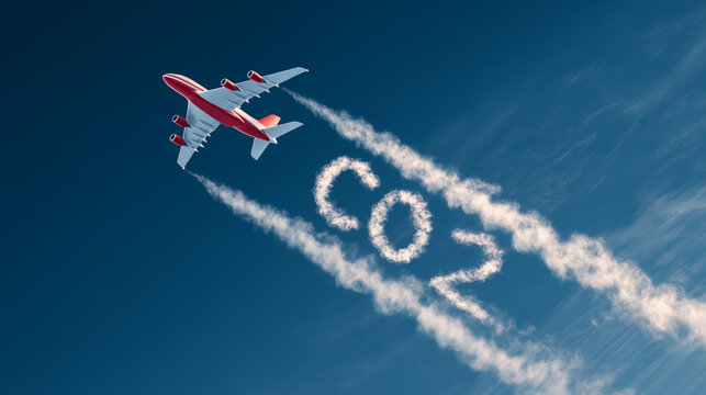Airplane writes CO2 in the sky while flying over an area during daytime in clear weather